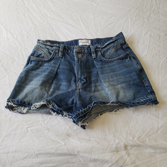 Frame Denim Pants - FRAME High Waist Mosaic Shorts Size 28 Raw Hem MSRP $210 Mesa Wash